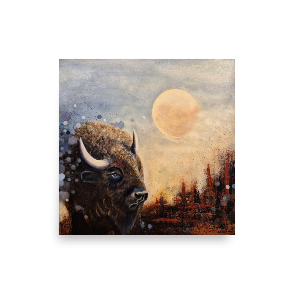 "Moonlight Reflections fine art print — bison in moonlight, recharging in nature, museum-quality reproduction by Annikaprana"