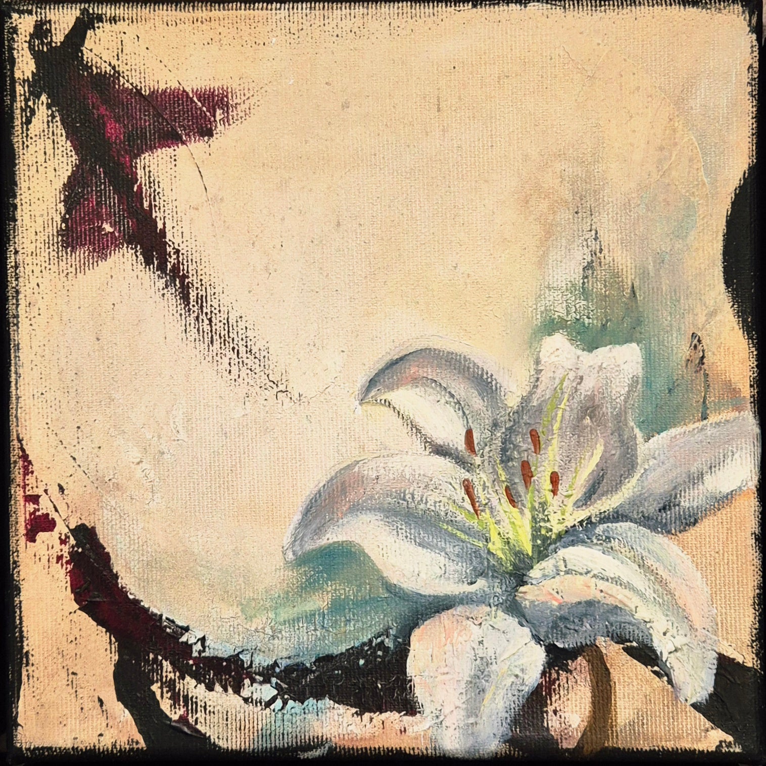 Original painting 'Seeking the Light 2' 2025 by Annikaprana, mixed media acrylic and oil on stretched canvas, 20×20 cm, white lily turning towards light