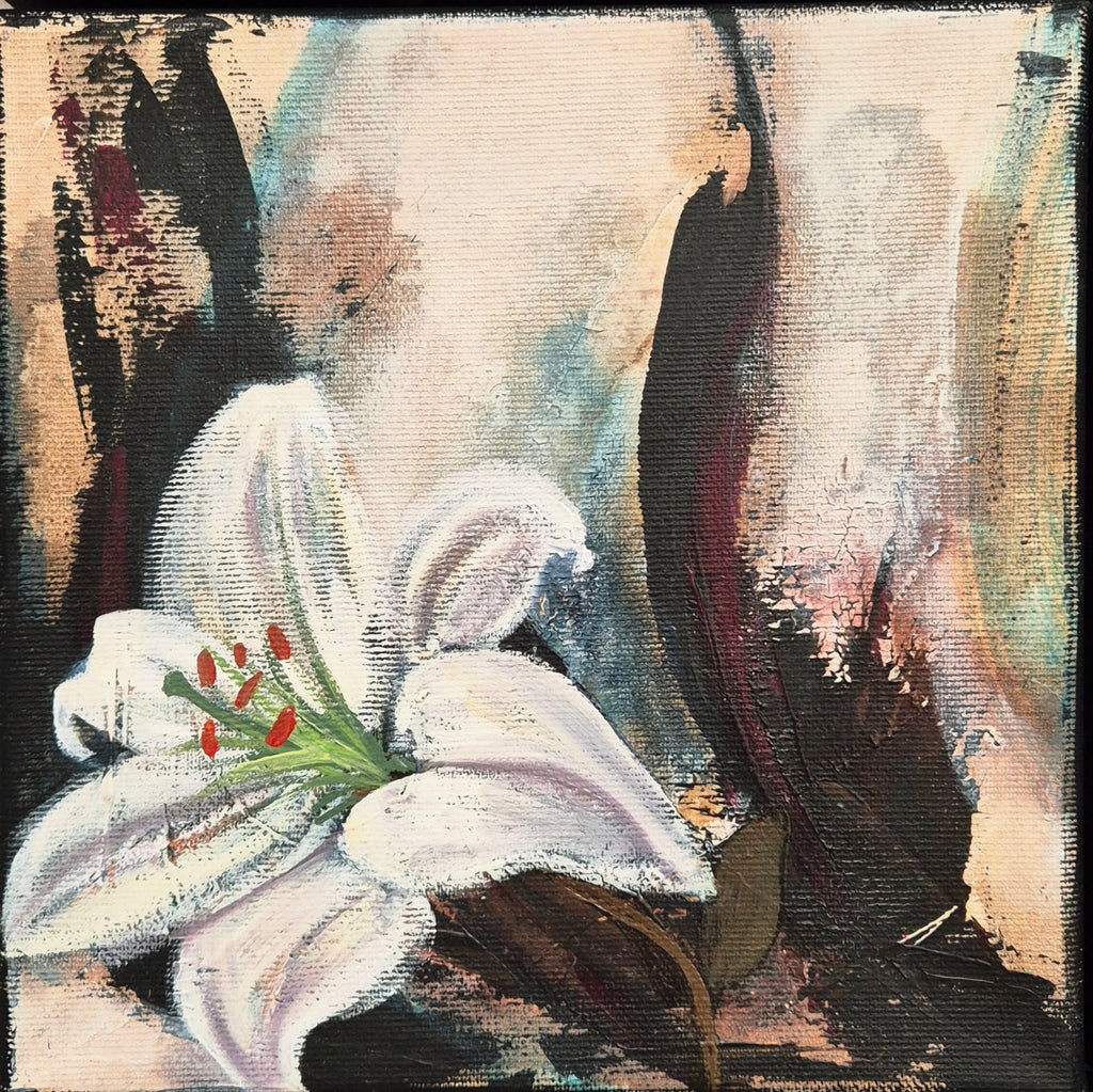 Original painting 'Seeking the Light 4' 2025 by Annikaprana, mixed media acrylic and oil on stretched canvas, 20×20 cm, white lily turning towards light