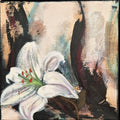 Original painting 'Seeking the Light 4' 2025 by Annikaprana, mixed media acrylic and oil on stretched canvas, 20×20 cm, white lily turning towards light