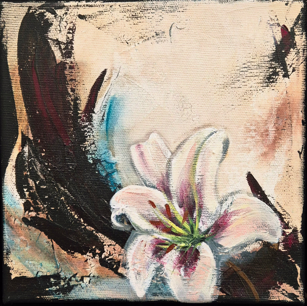 Original painting 'Seeking the Light 5' 2025 by Annikaprana, mixed media acrylic and oil on stretched canvas, 20×20 cm, white lily turning towards light