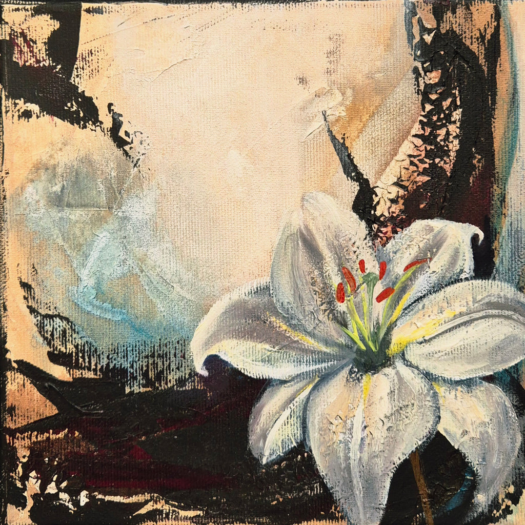Original painting 'Seeking the Light 6' 2025 by Annikaprana, mixed media acrylic and oil on stretched canvas, 20×20 cm, white lily turning towards light