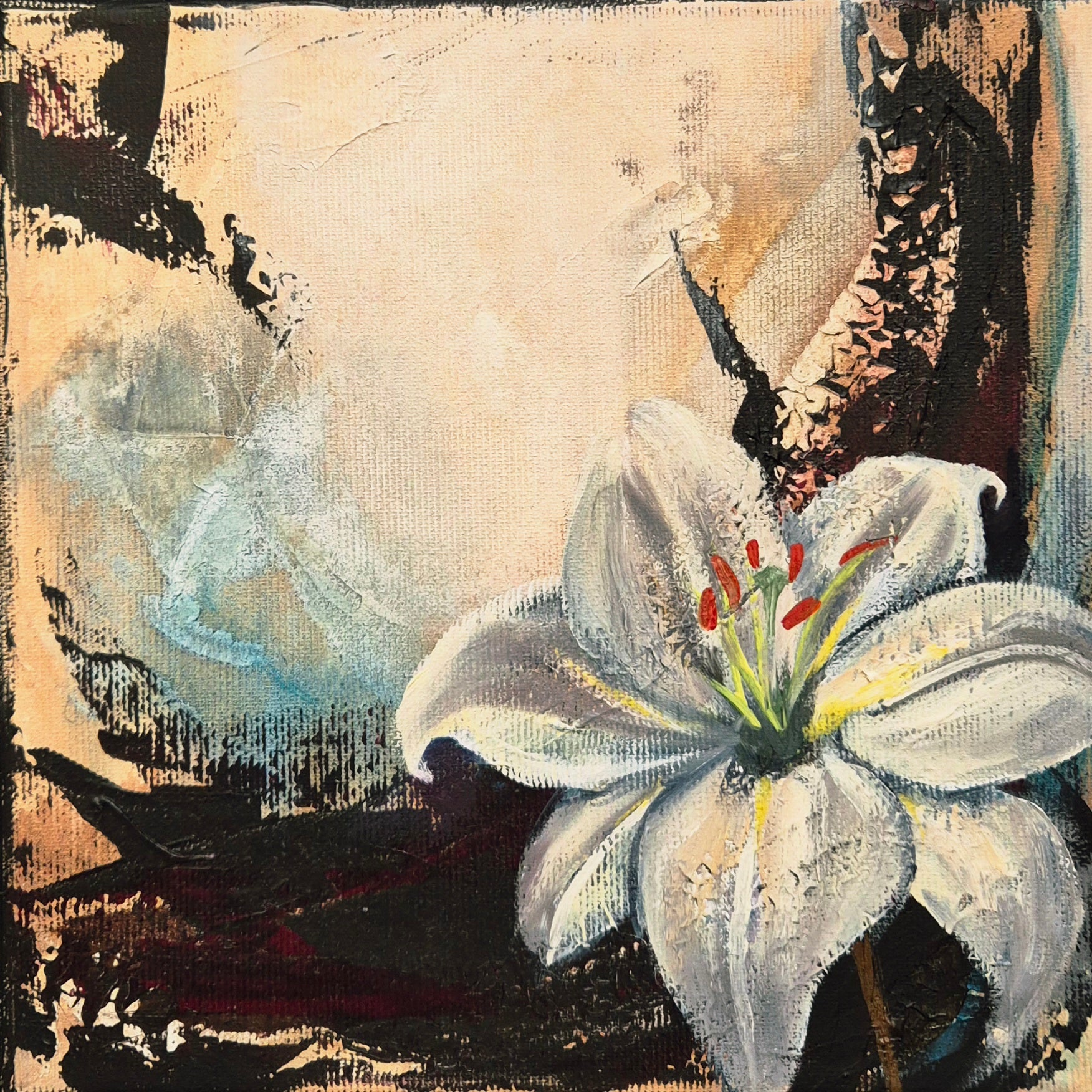 Original painting 'Seeking the Light 6' 2025 by Annikaprana, mixed media acrylic and oil on stretched canvas, 20×20 cm, white lily turning towards light