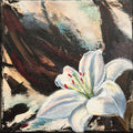 Original painting 'Seeking the Light 7' 2025 by Annikaprana, mixed media acrylic and oil on stretched canvas, 20×20 cm, white lily turning towards light