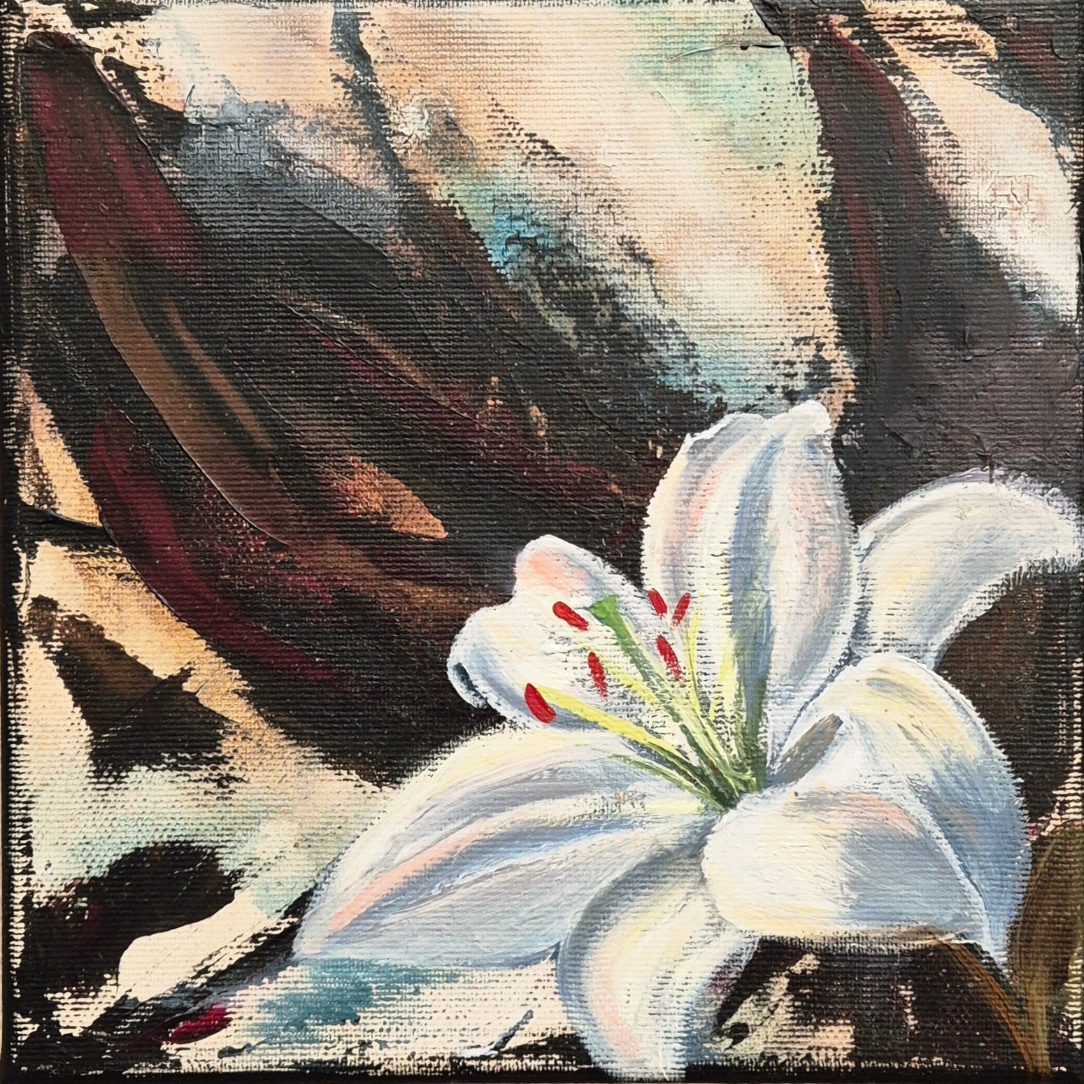 Original painting 'Seeking the Light 7' 2025 by Annikaprana, mixed media acrylic and oil on stretched canvas, 20×20 cm, white lily turning towards light