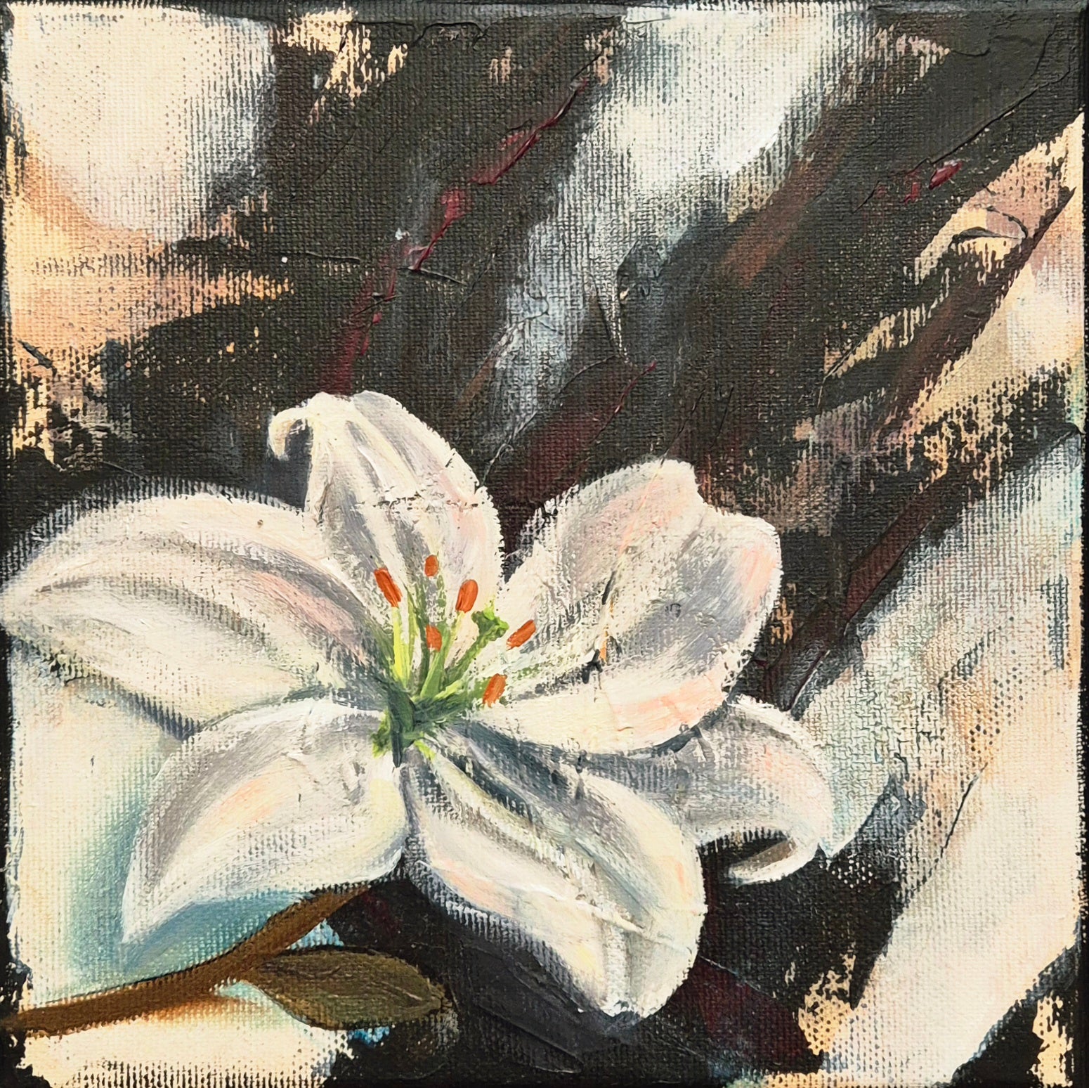 Original painting 'Seeking the Light 8' 2025 by Annikaprana, mixed media acrylic and oil on stretched canvas, 20×20 cm, white lily turning towards light