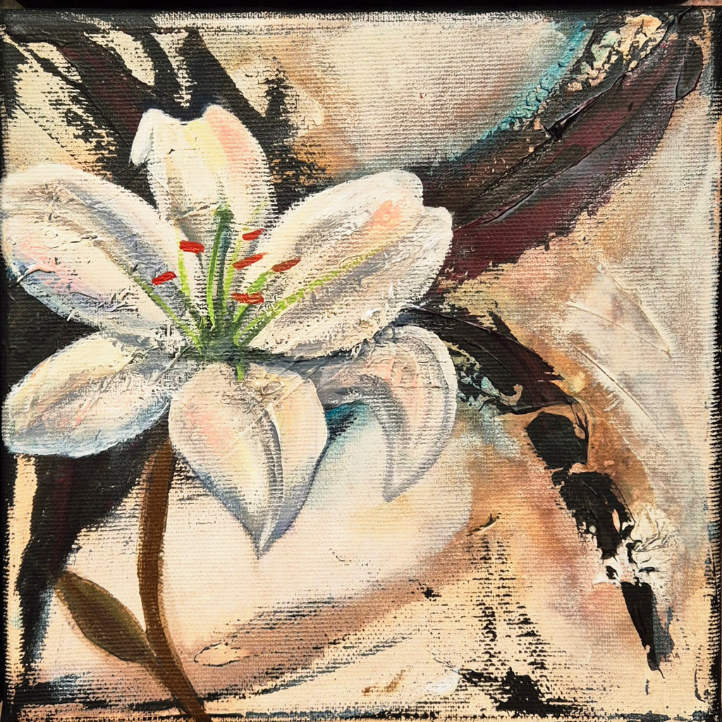 Original painting 'Seeking the Light 9' 2025 by Annikaprana, mixed media acrylic and oil on stretched canvas, 20×20 cm, white lily turning towards light