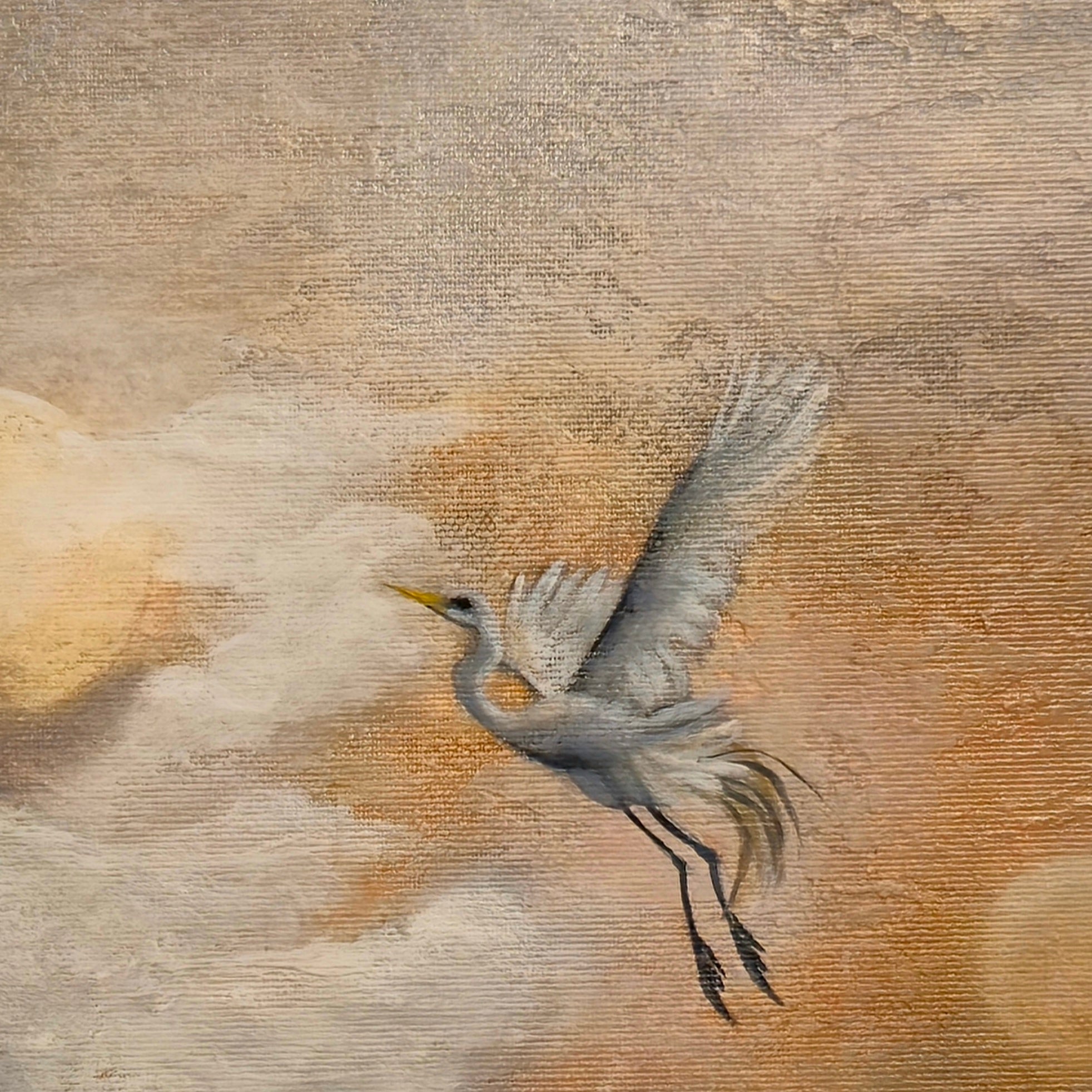 "Detail of 'New Horizons Ahead 2026' by Annikaprana — white heron in flight against a golden textured sky, mixed media acrylic and oil on canvas"