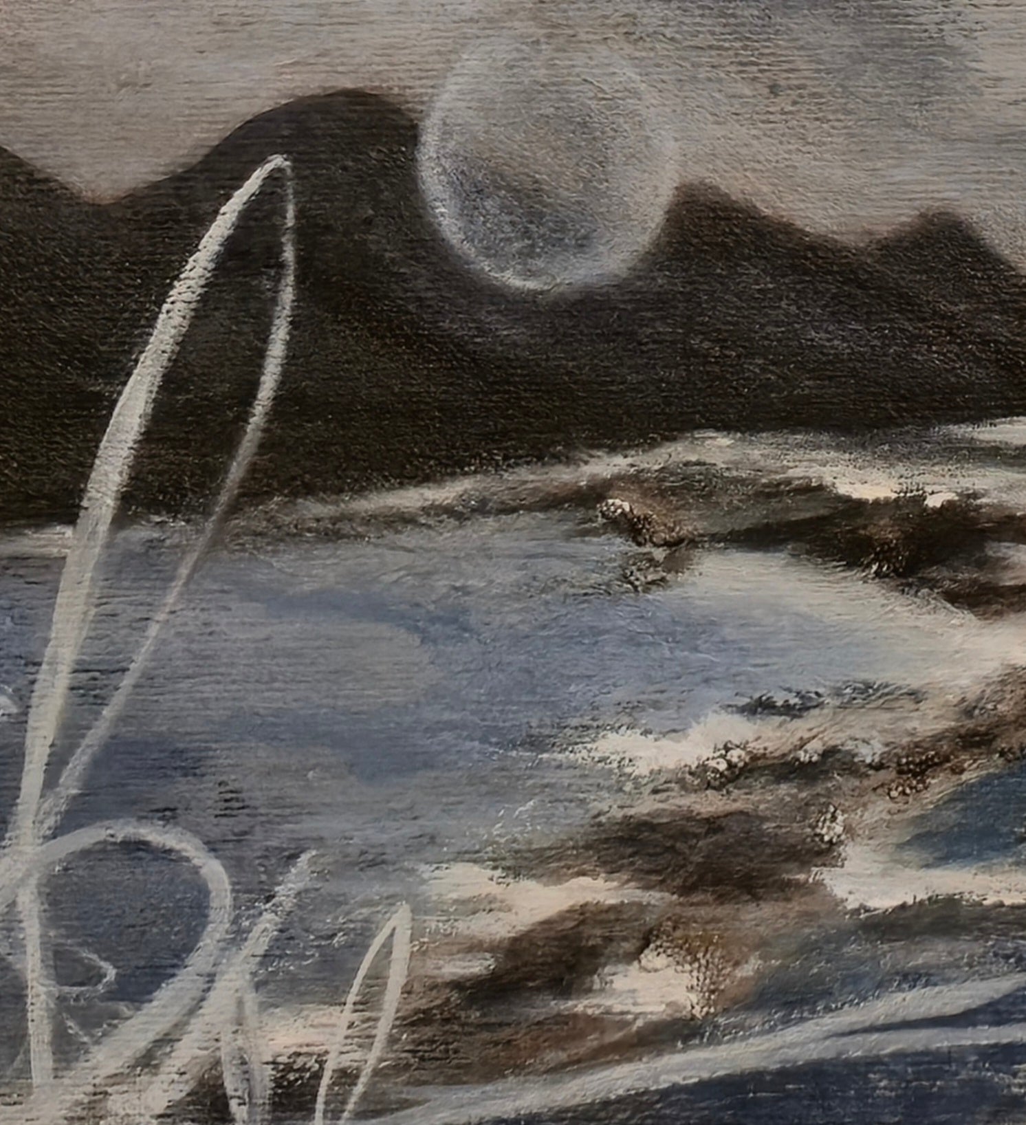"Detail of 'New Horizons Ahead 2026' by Annikaprana — white heron in flight against a golden textured sky, mixed media acrylic and oil on canvas"