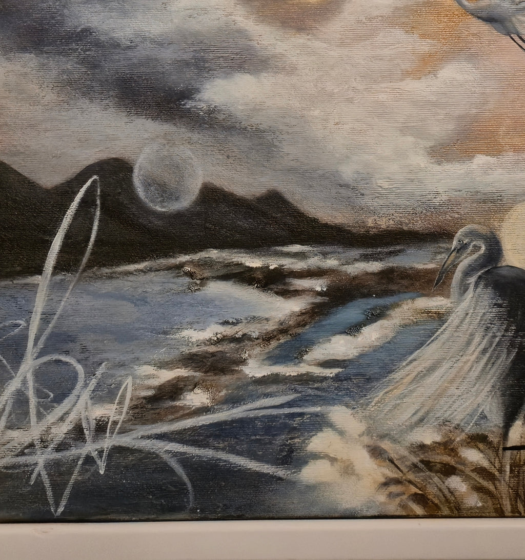 "Detail of 'New Horizons Ahead 2026' by Annikaprana — standing heron by turbulent water with dark mountains and gestural white brushstrokes, mixed media acrylic and oil on canvas"