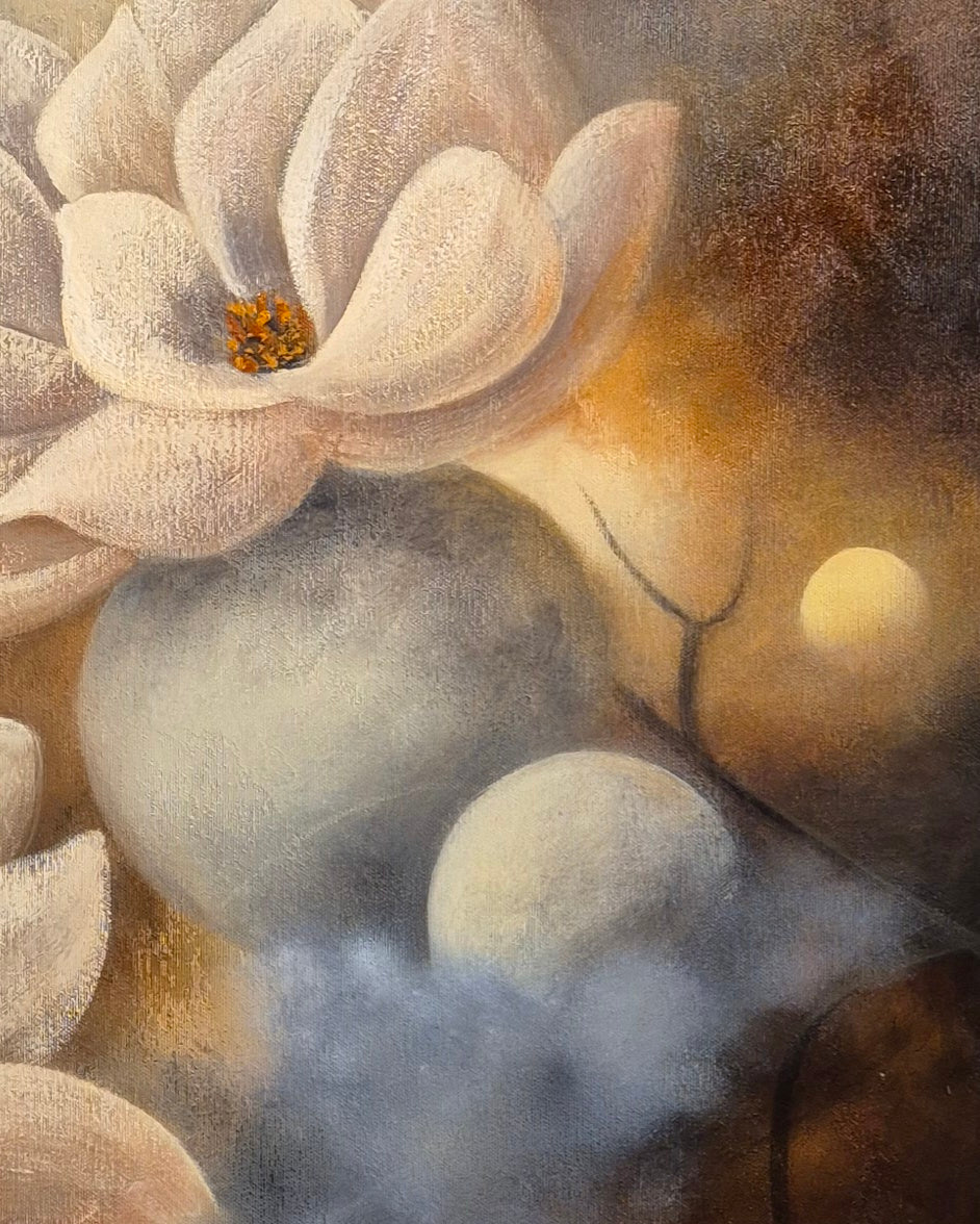 "Flourishing in the Light 2026 — original oil painting 100×100 cm by Swedish artist Annikaprana" - detail