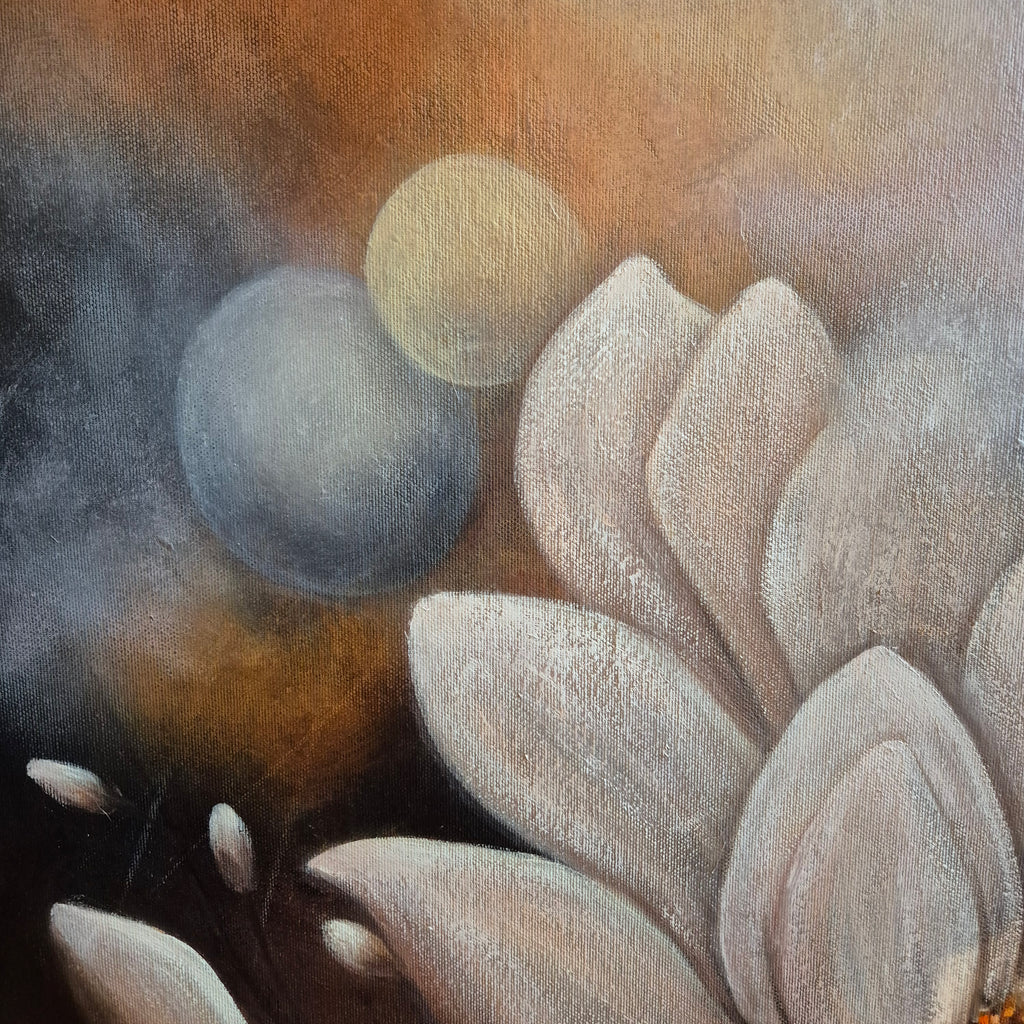 "Flourishing in the Light 2026 — original oil painting 100×100 cm by Swedish artist Annikaprana"- detail