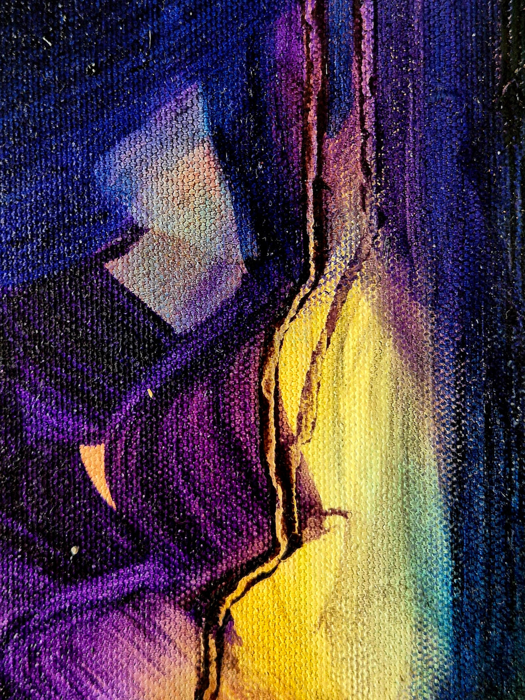 "Detail of deep blue, purple and golden abstract background texture, close-up of original painting Touched by the Light by Annikaprana"
