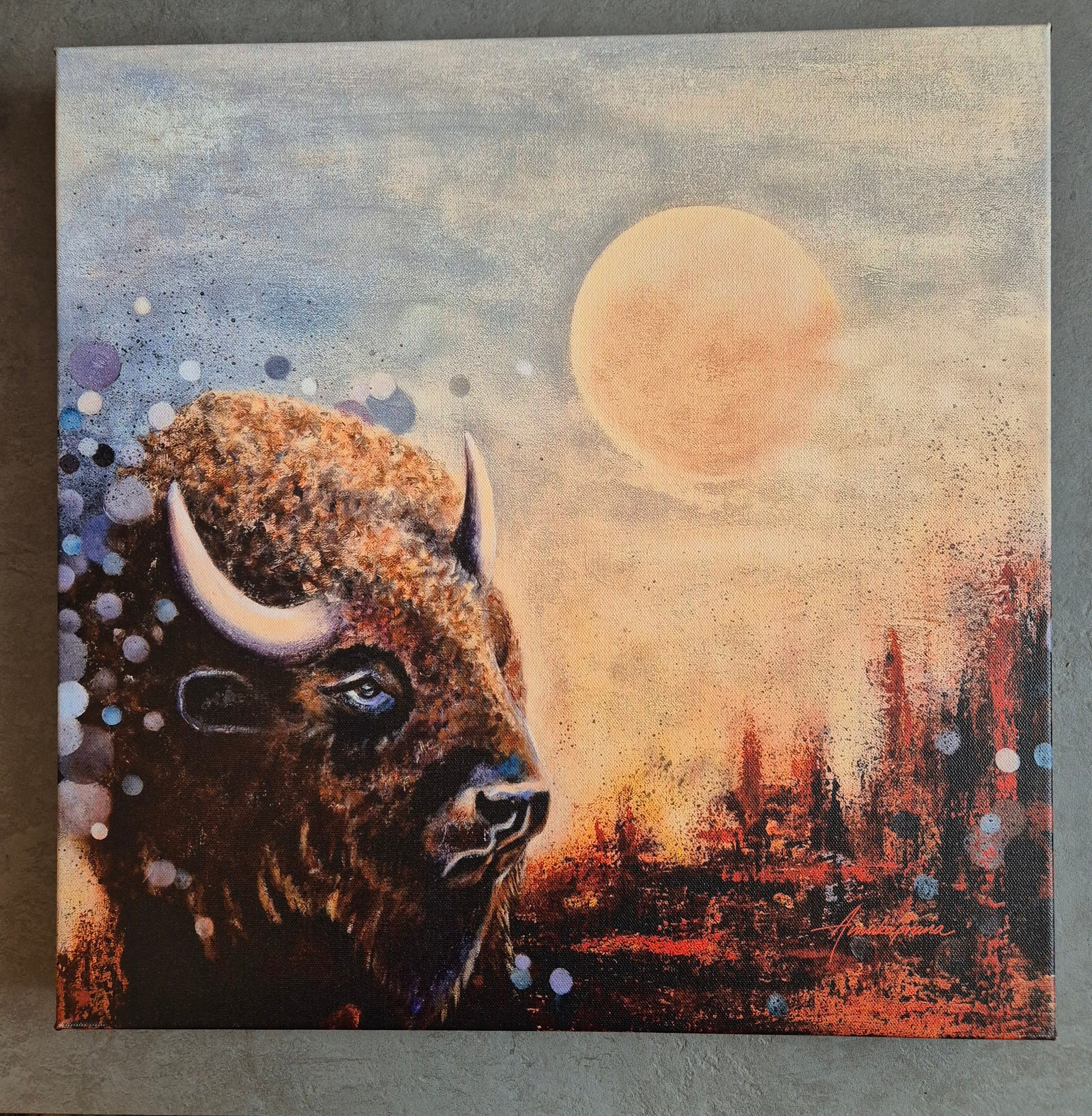 Moonlight Reflections 2026 canvas print by Annikaprana — bison with moon, rich warm tones on gallery-wrapped canvas