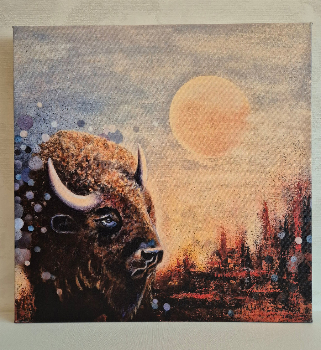 Moonlight Reflections 2026 canvas print by Annikaprana — bison portrait with soft light background, ready to hang