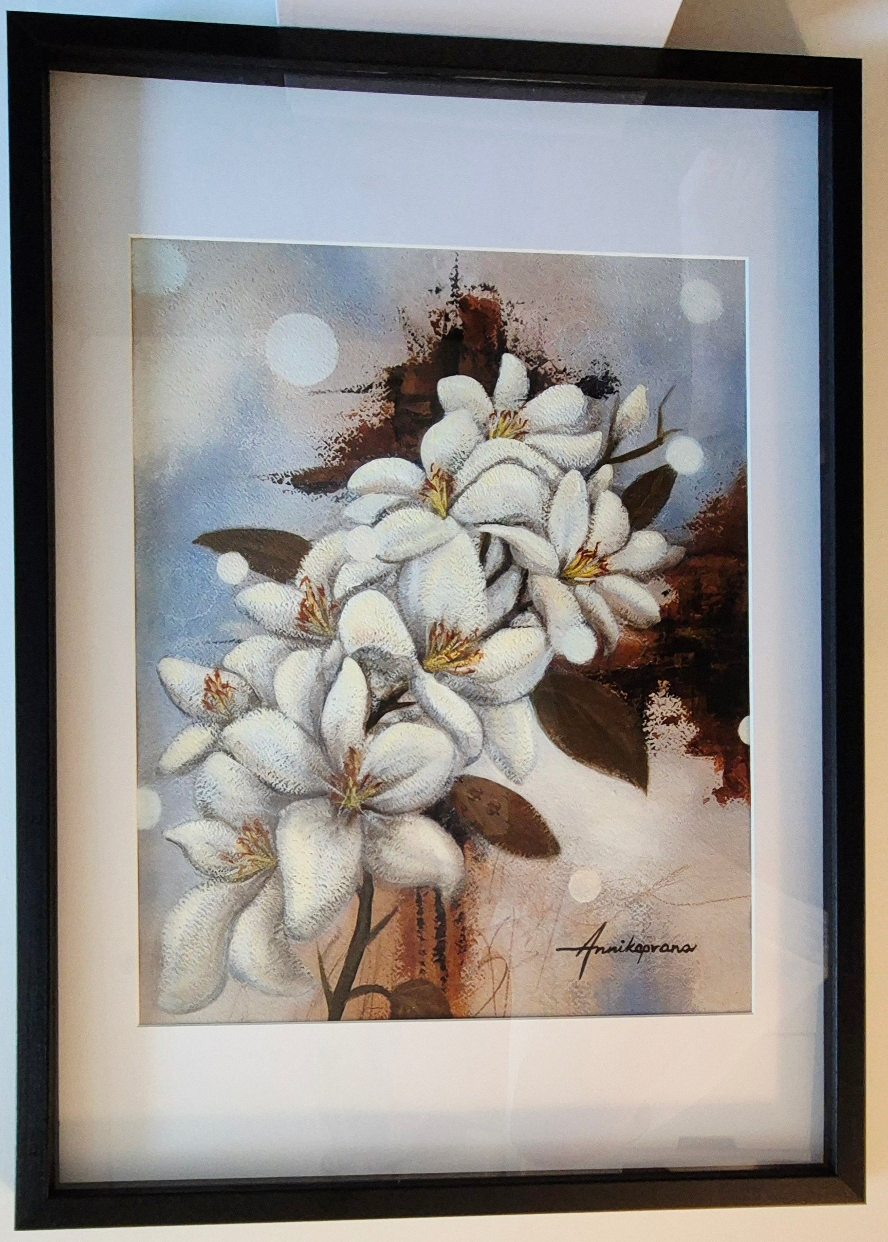 "Snow White Lilies 2025 — original painting by Annikaprana on paper, displayed in a black shadow box frame with white passepartout"