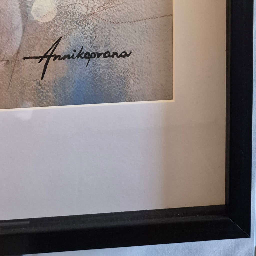 "Detail of shadow box frame showing passepartout depth and artist signature Annikaprana on Snow White Lilies"