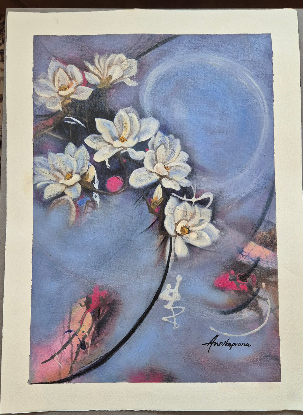 "Spring is in the Air 2025 — original painting by Annikaprana, white magnolia blossoms on a soft dreamy blue sky, Mixed Media Acrylic and Oil on Fabriano paper, unframed full sheet with white border"