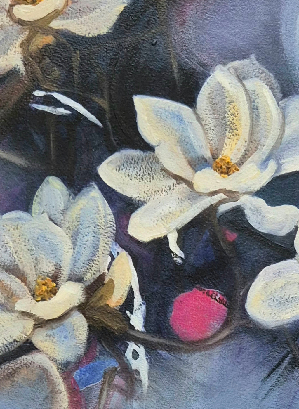 Spring is in the Air 2025 — close-up detail of white magnolia blossoms with golden centres, Mixed Media Acrylic and Oil on Fabriano paper by Annikaprana