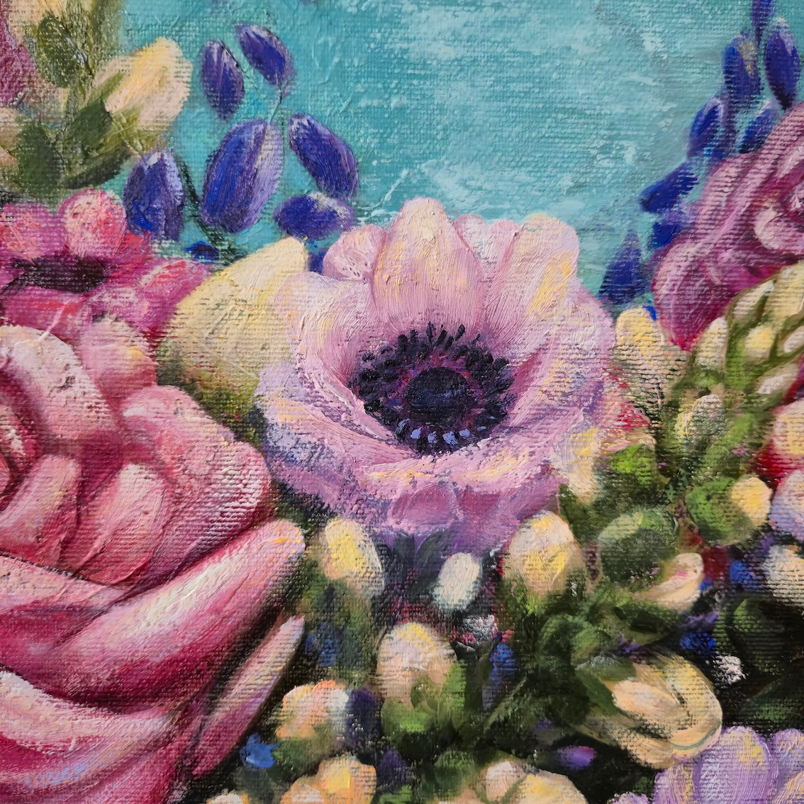 "Detail of purple anemones and pink flowers against a turquoise background, close-up of original painting Joy in Bloom by Annikaprana"