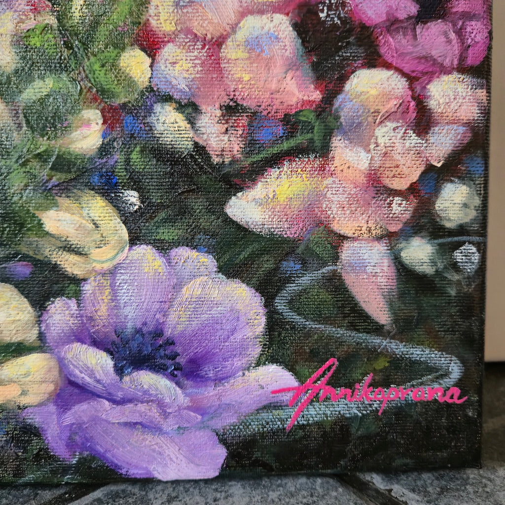 "Detail of mixed wildflowers and purple anemones against a dark background, close-up of original painting Joy in Bloom by Annikaprana"