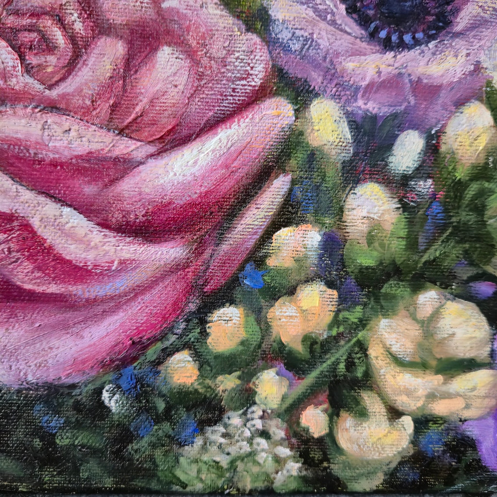 "Detail of a pink rose with anemones and small white flowers, close-up of original painting Joy in Bloom by Annikaprana"
