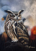 Silent Clarity – original painting by Annikaprana, an owl gazing through misty moonlit darkness with glowing amber eyes