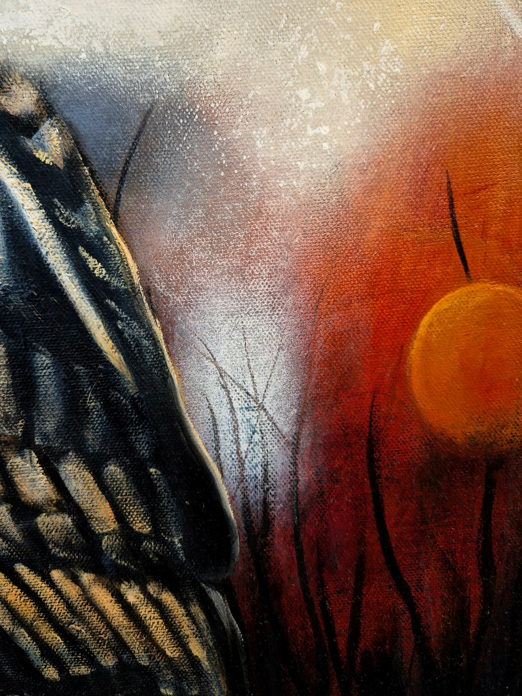 Silent Clarity – close-up detail of the owl's wing and amber moon against a warm red background, original painting by Annikaprana