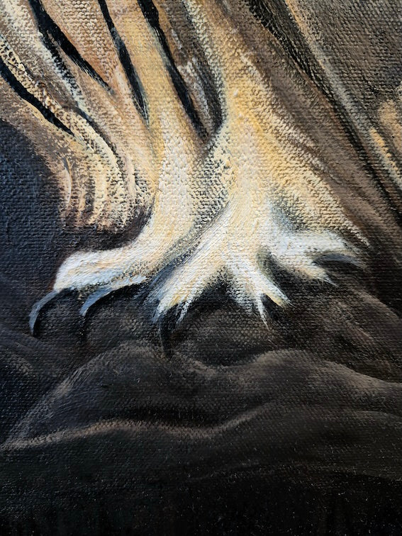 Silent Clarity – close-up detail of the owl's talons gripping a dark surface, textured brushwork, original painting by Annikaprana