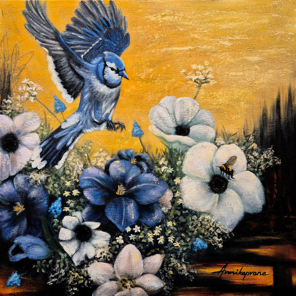 "Where Life Blooms – original oil painting of a blue jay in flight among white anemones and bees against a golden sky, by Annika Andersson / Annikaprana"
