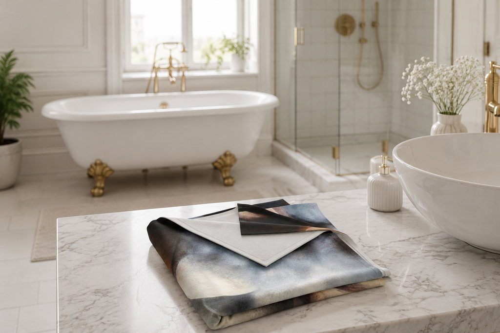 Flourishing in the Light — Beach Towel by Annikaprana, folded on a white Carrara marble countertop in a bright Scandinavian luxury bathroom with a freestanding clawfoot bathtub. White magnolia flowers in warm golden light, 70×140 cm, 400gsm cotton.
