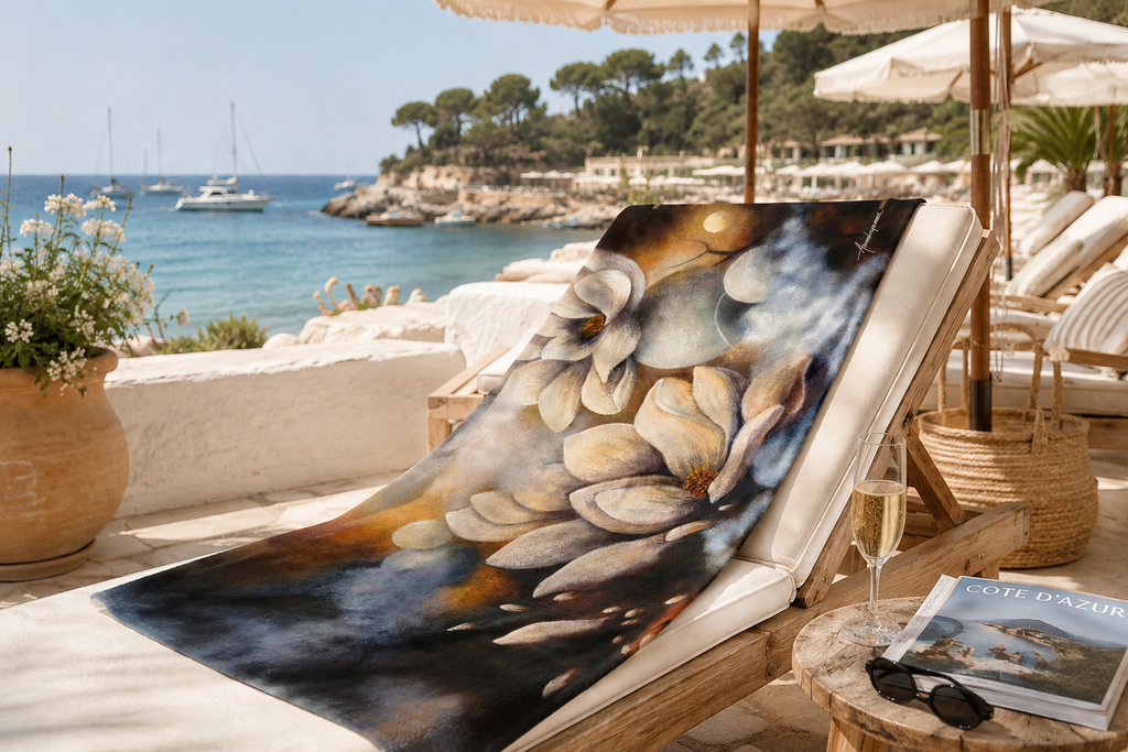 Flourishing in the Light — Beach Towel by Annikaprana, draped over a sun lounger at a luxury beach club with turquoise Mediterranean sea in the background. White magnolia flowers on warm golden brown background, 70×140 cm. A glass of champagne and Côte d'Azur magazine complete the scene.
