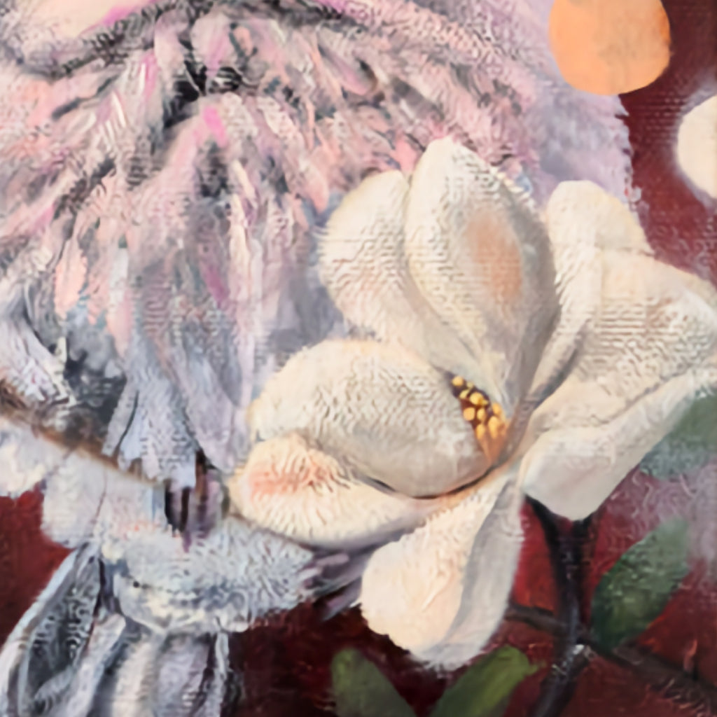 Detail of painting showing a white magnolia flower with golden stamens beside a dove perched on a branch, with orange bokeh orbs against a deep red background, original artwork by Annika Andersson