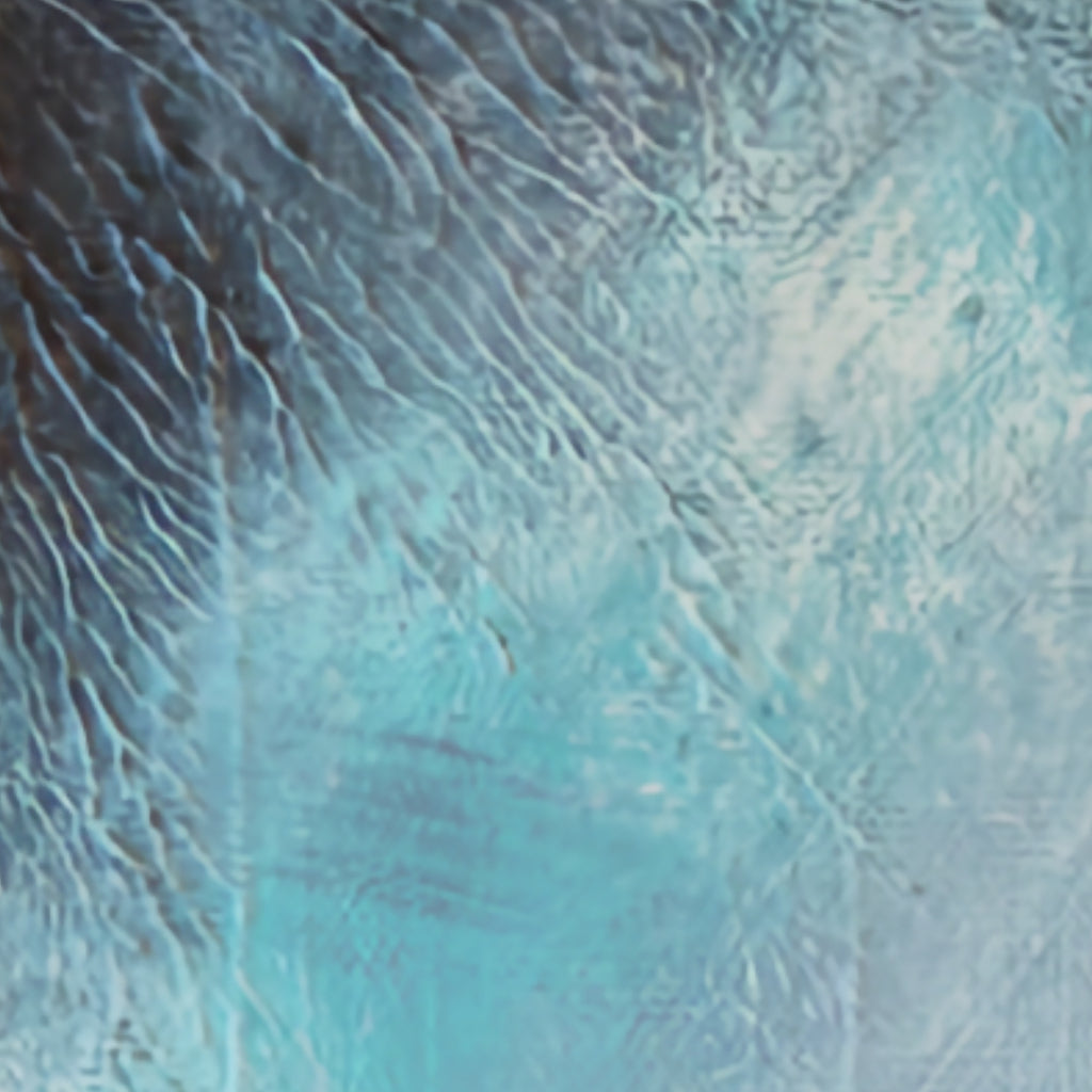 Detail of painting showing layered turquoise and steel-blue brushstrokes with rich tactile texture, original artwork by Annika Andersson