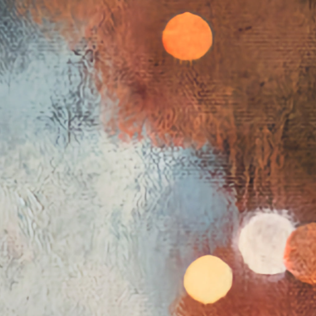 Detail of painting showing soft bokeh light orbs in orange and white against a textured blue-grey and rust-red abstract background, original artwork by Annika Andersson
