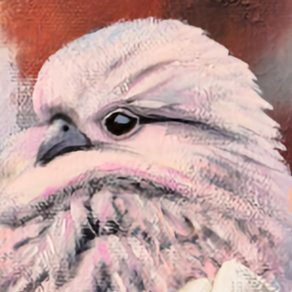Detail of painting showing a bird with soft pink-toned feathers against a warm red-brown background, original artwork by Annika Andersson