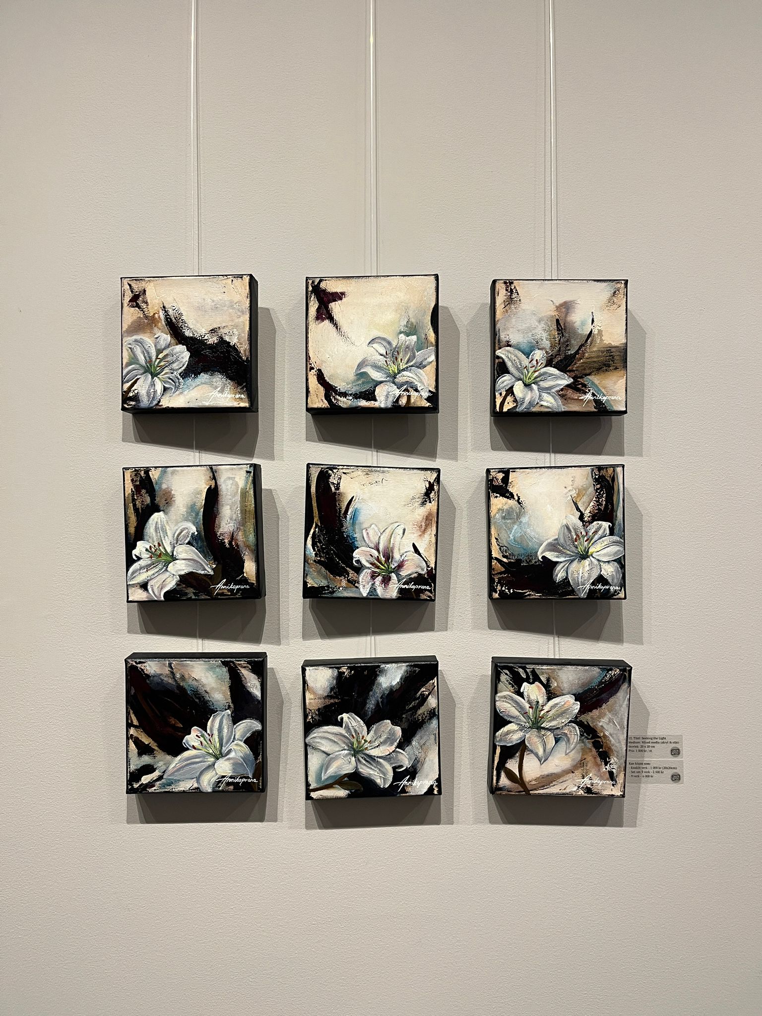 "Complete series 'Seeking the Light' 2025 by Annikaprana, nine original mixed media paintings 20×20 cm each, white lilies turning towards light, exhibited at gallery vernissage