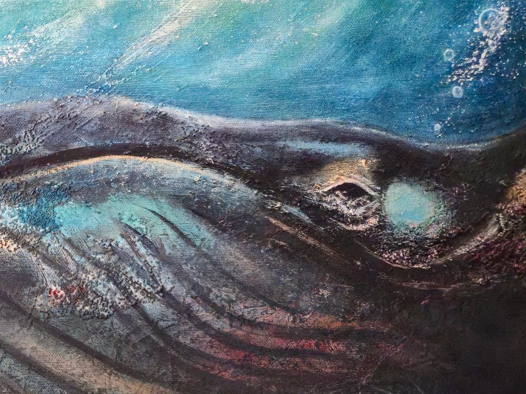 In Deep Waters – close-up detail of the whale's eye and textured surface, original painting by Annikaprana