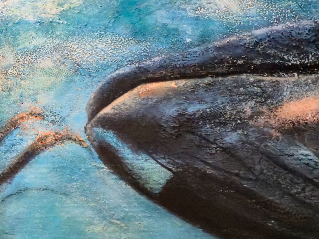 In Deep Waters – close-up detail of the whale's mouth and textured brushwork, original painting by Annikaprana
