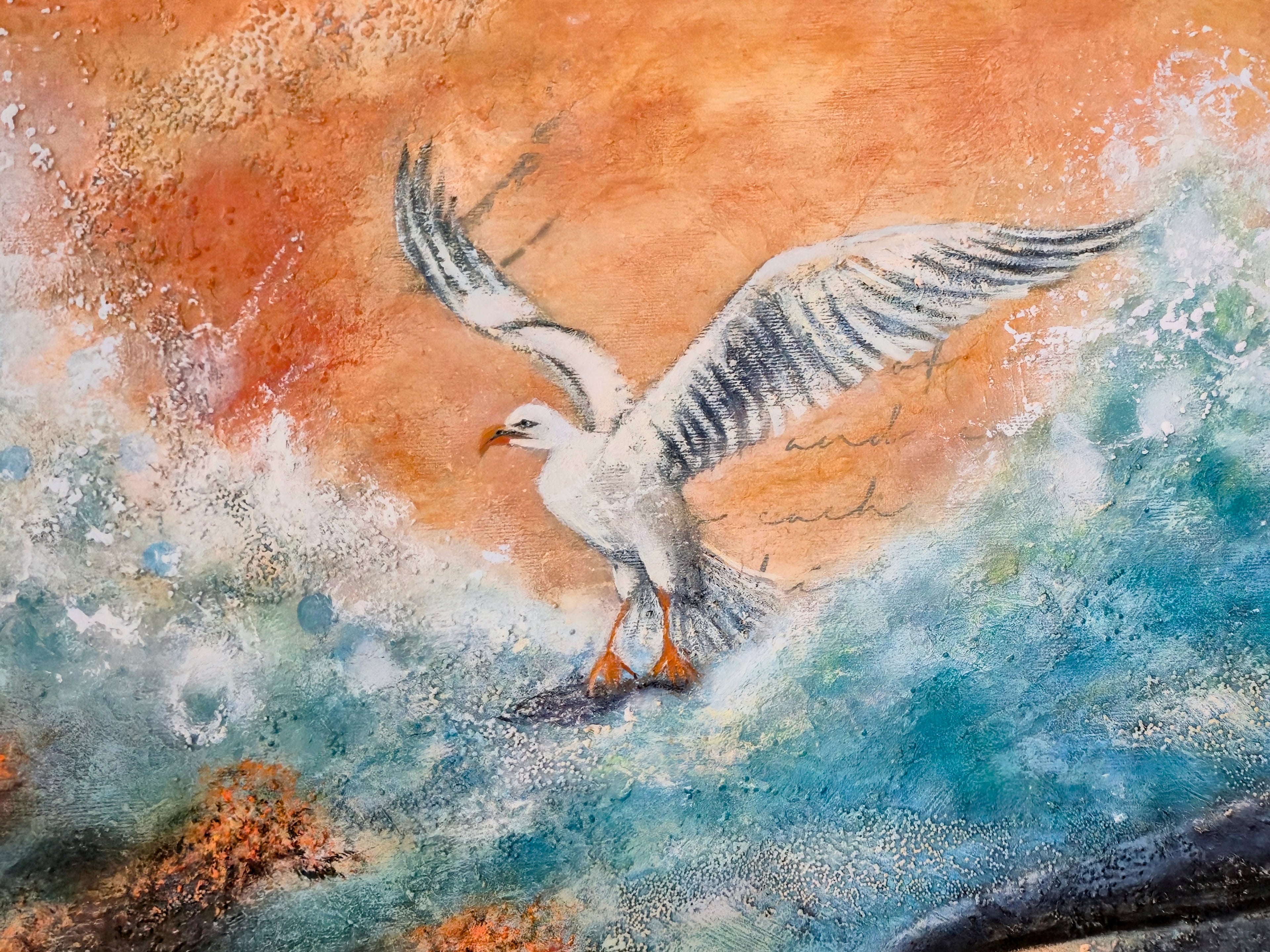 In Deep Waters – close-up detail of the seagull in flight above turquoise waves, original painting by Annikaprana