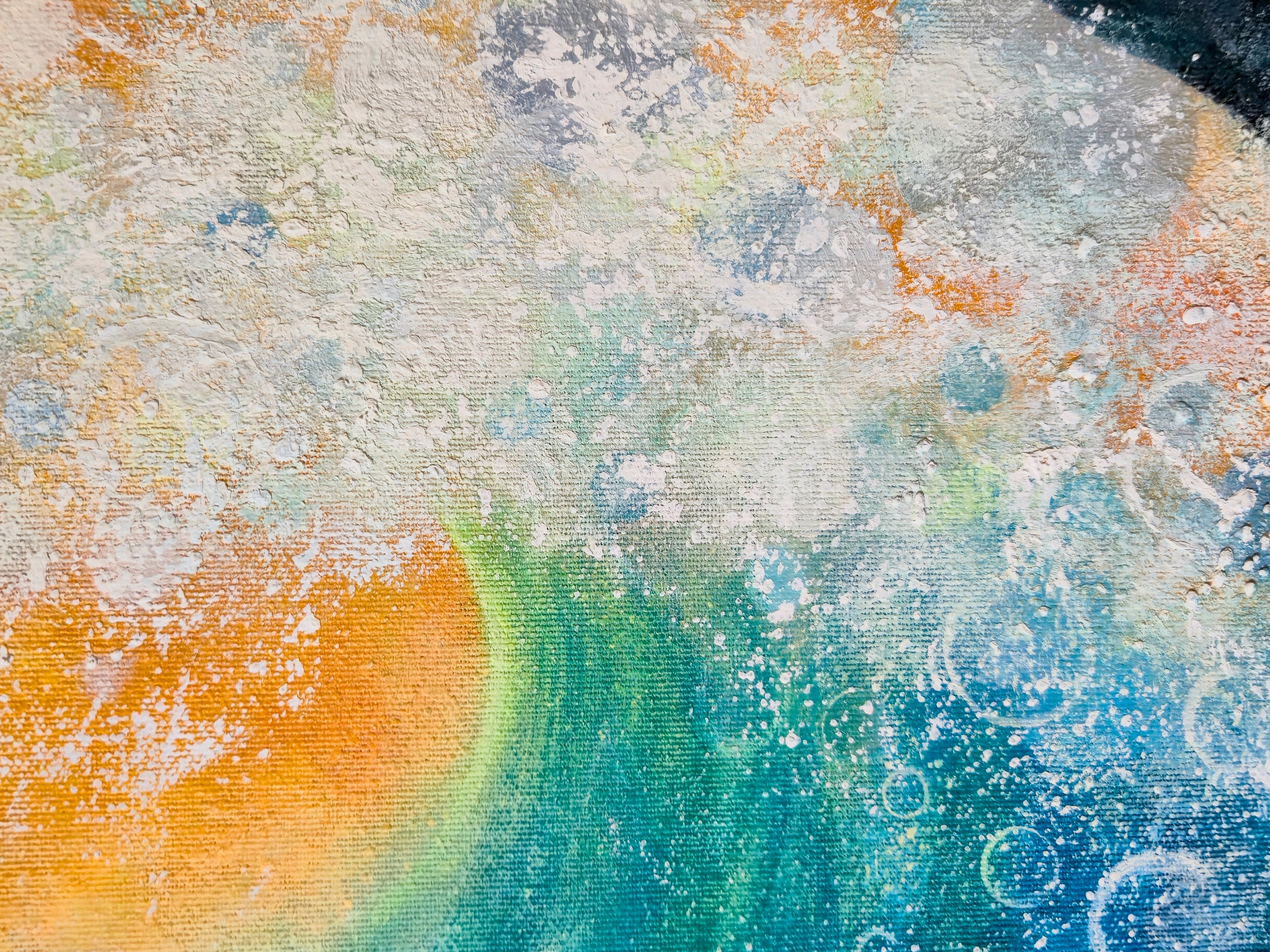 In Deep Waters – close-up detail of the wave with amber and turquoise tones and textured brushwork, original painting by Annikaprana