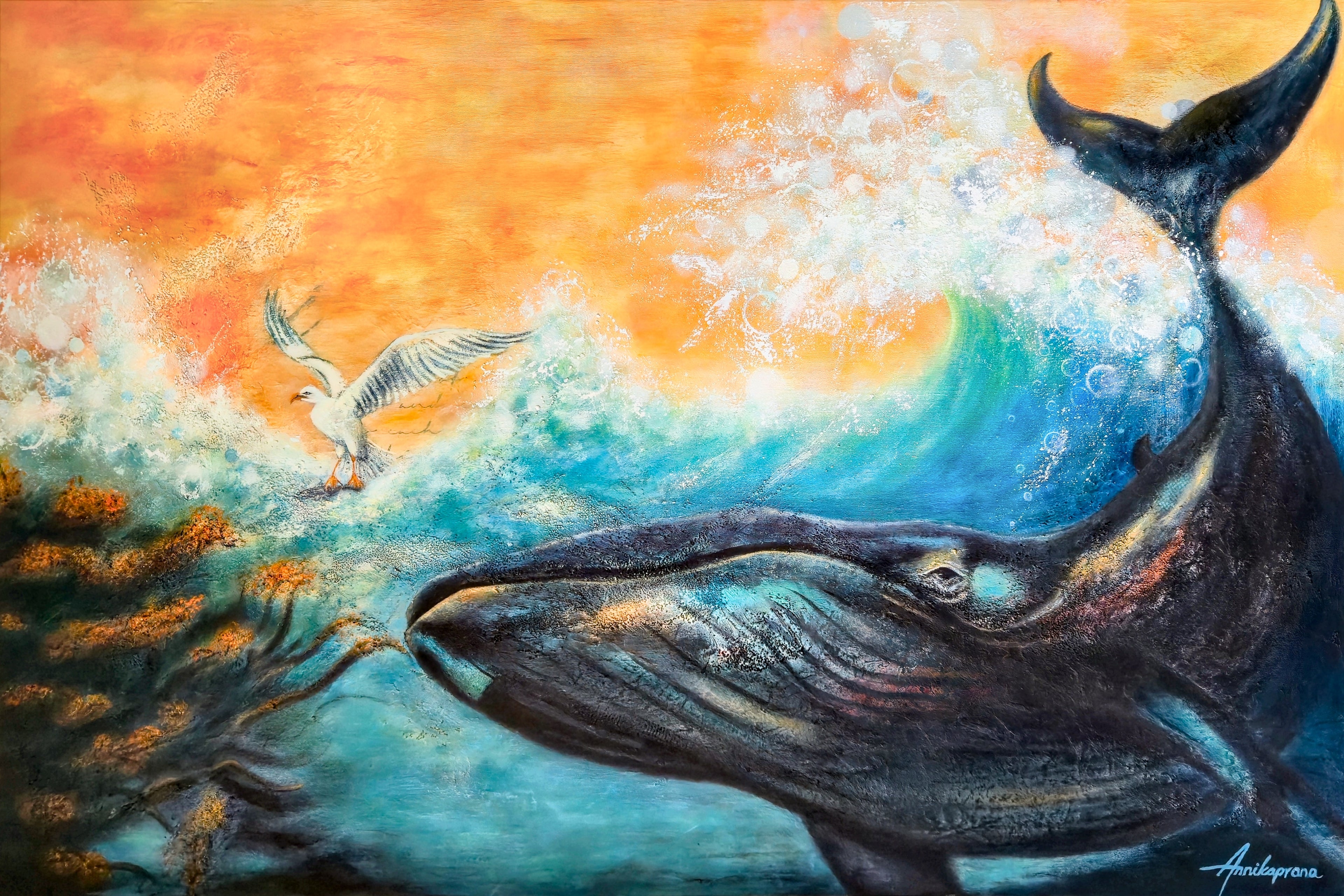 In Deep Waters – original painting by Annikaprana, a whale navigating turquoise waves beneath an amber sky