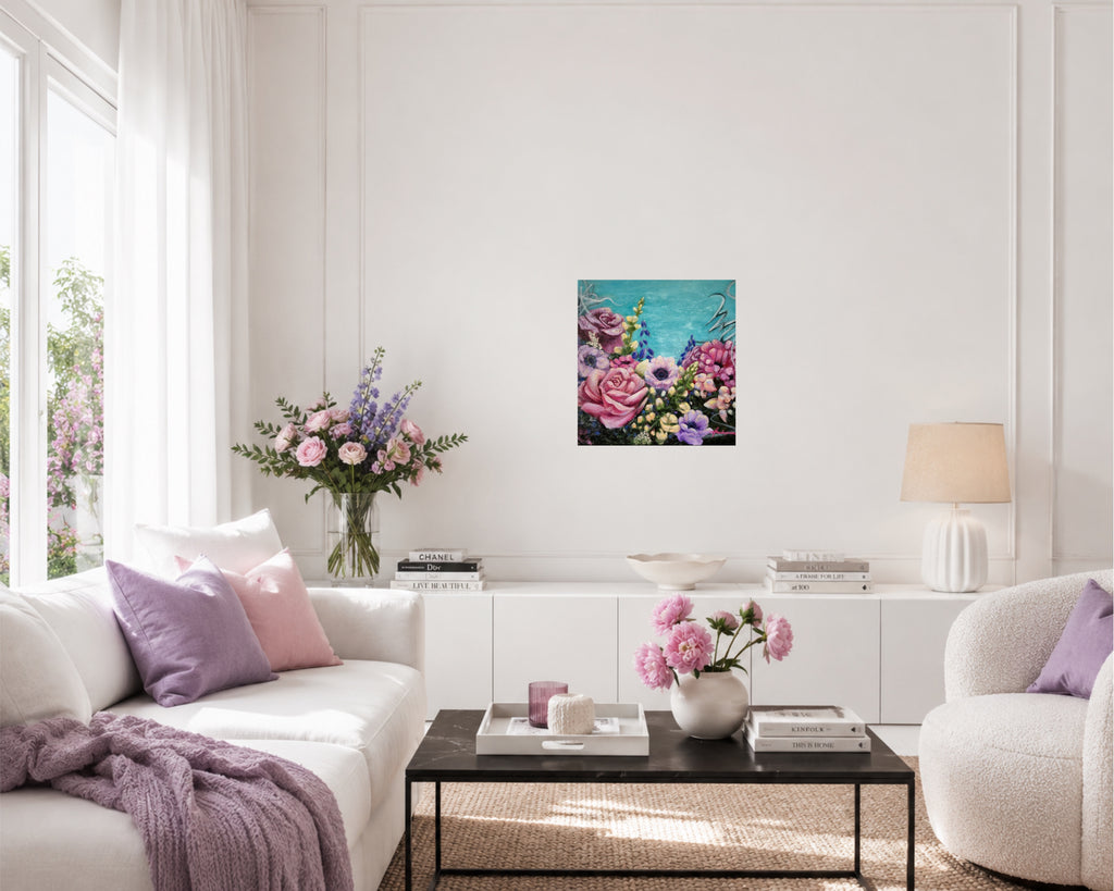"Joy in Bloom original oil painting hanging in a bright Scandinavian living room with soft pink and purple tones, by Annikaprana"