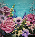 "Joy in Bloom – original mixed media painting of pink roses, anemones and wildflowers against a turquoise sky, by Annika Andersson / Annikaprana"