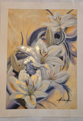 "Revealing the Gold Within — original painting by Annikaprana, white lilies and a blue butterfly with Gold Metal Leaf details on a warm golden background, Mixed Media Acrylic and Oil on Fabriano paper, unframed full sheet with white border, signed"