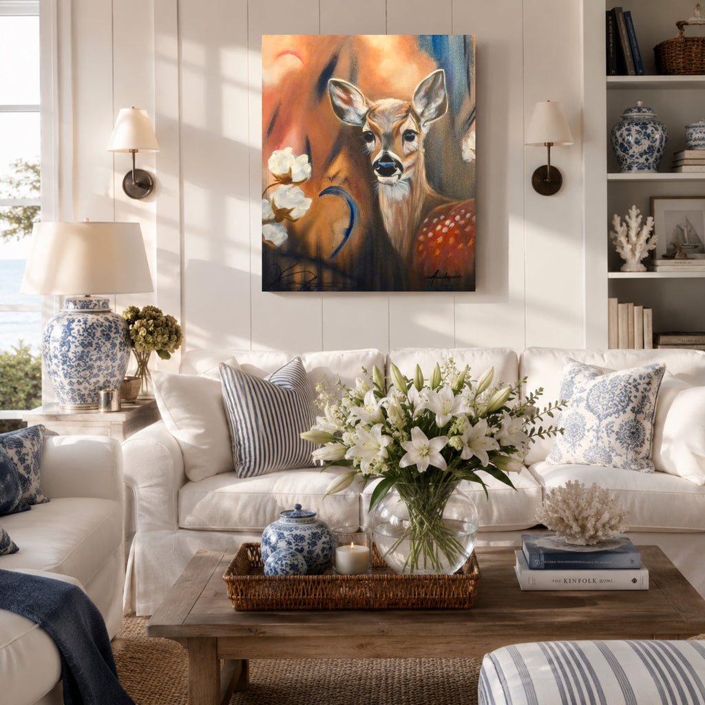 Original painting "Living in a Strange World" by Annikaprana, displayed above a sofa in a bright coastal living room with white linen furniture and blue accents — a vivid oil painting of a young deer surrounded by warm amber tones, white cotton flowers in front of abstract nature.