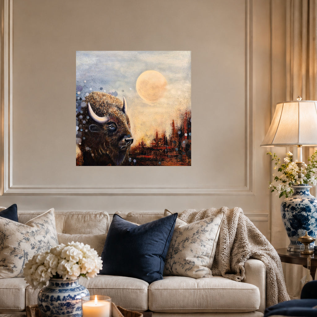 "Moonlight Reflections – original oil painting of a bison under a full moon with an autumn forest landscape, by Annika Andersson / Annikaprana"