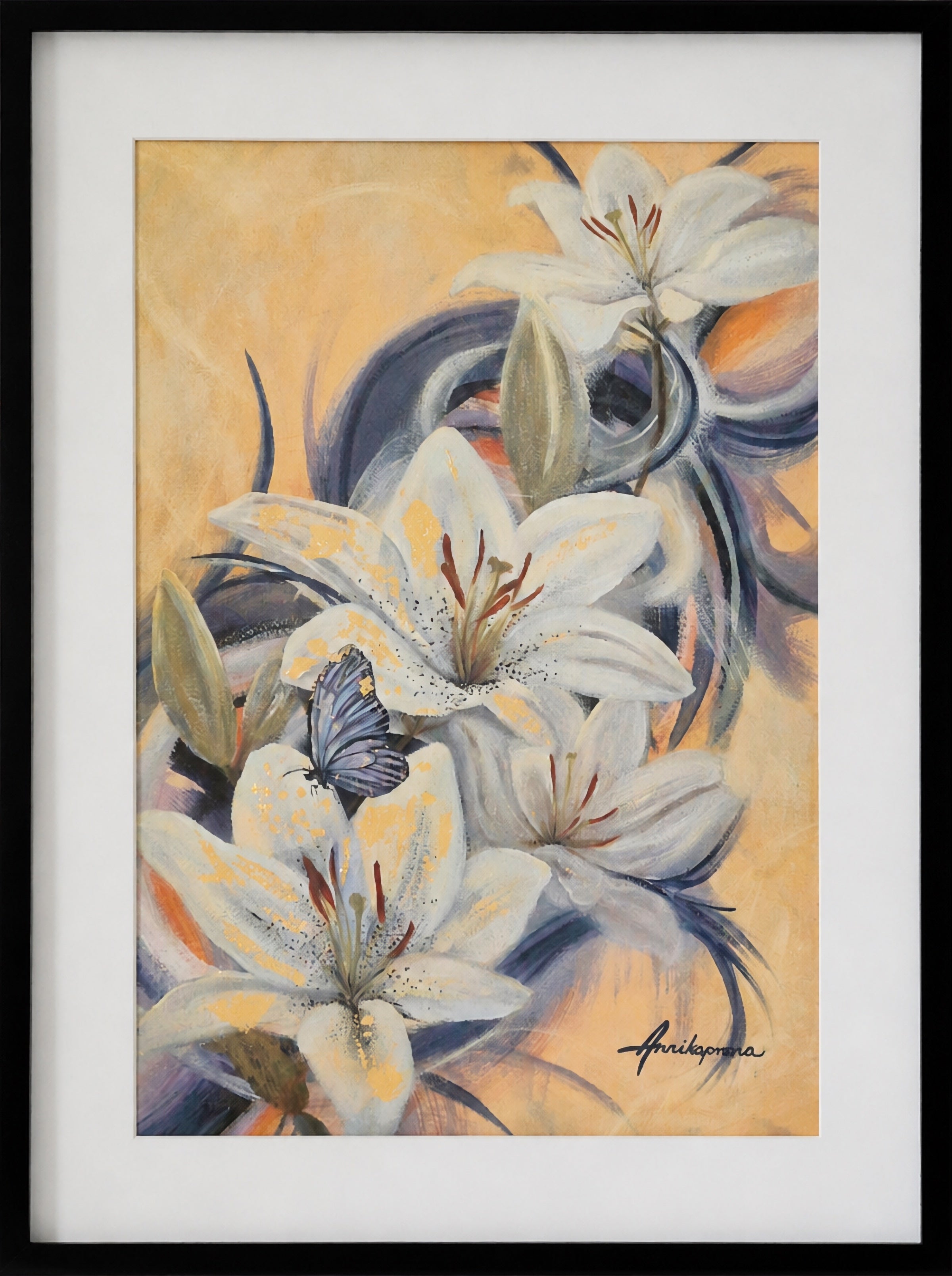 "Revealing the Gold Within — original painting by Annikaprana in a black wood frame with white passepartout, close-up of white lilies with golden details and a blue butterfly, Mixed Media Acrylic, Oil and Gold Metal Leaf on Fabriano paper, signed"