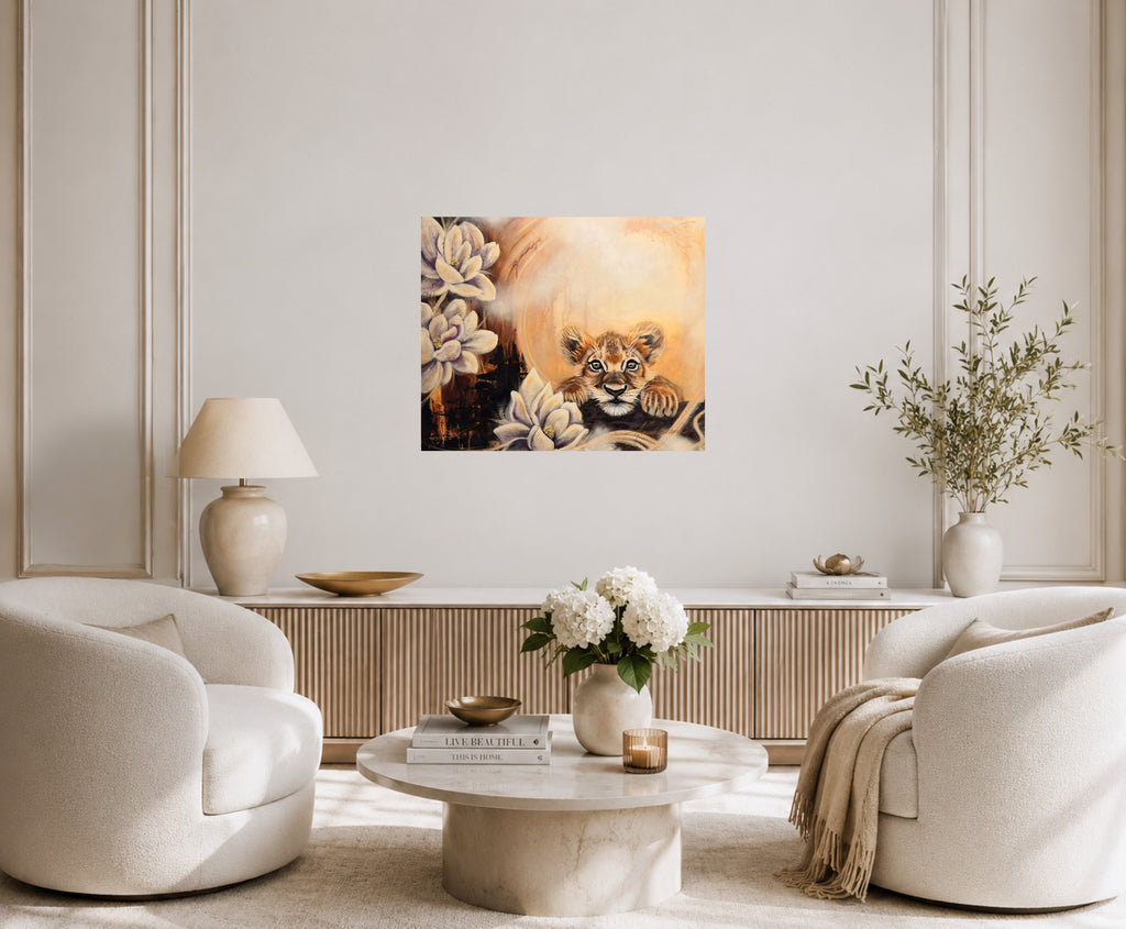  "Shining My Light original oil painting hanging in an elegant scandinavian style living room, by Annikaprana"