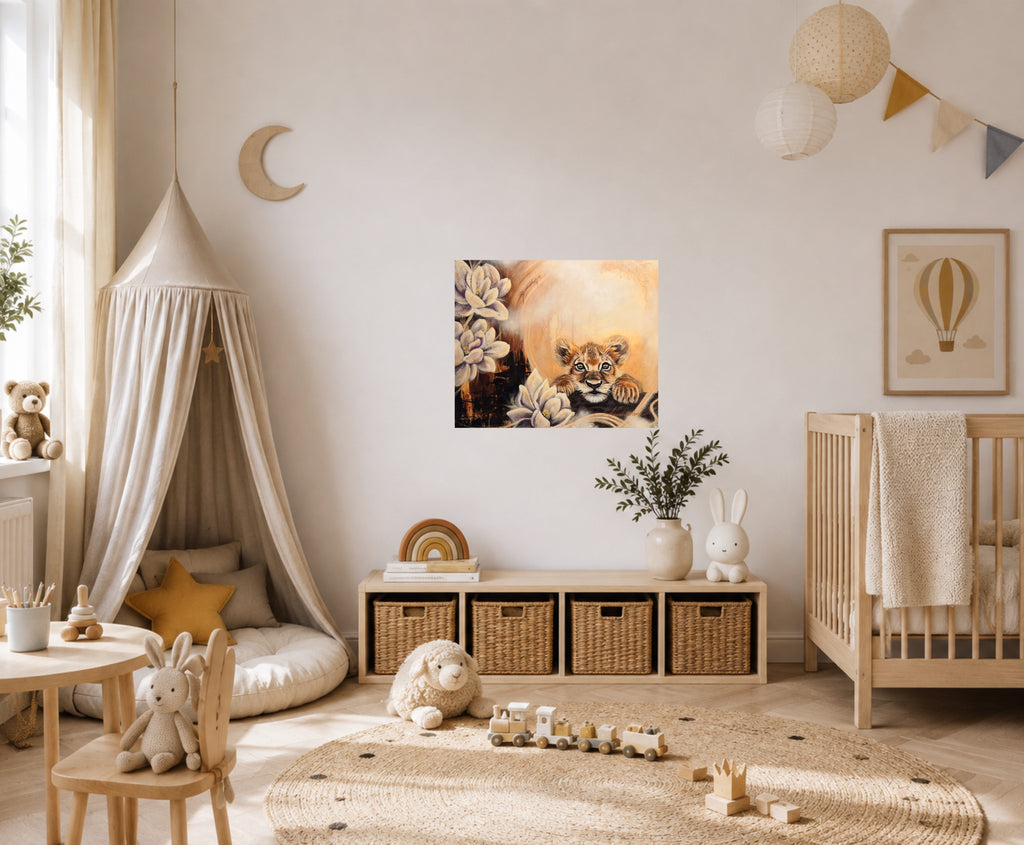  "Shining My Light original oil painting hanging in a cozy children's room, by Annikaprana"